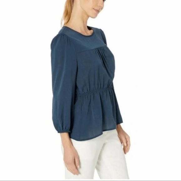 Bcbgmaxazria Ruched Bishop Sleeve Peplum Top Midnight Size XS NWT - Picture 2 of 12